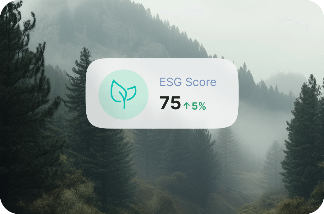 UI of the dashboard with leafs and number. In the background, mountains with trees and fog.