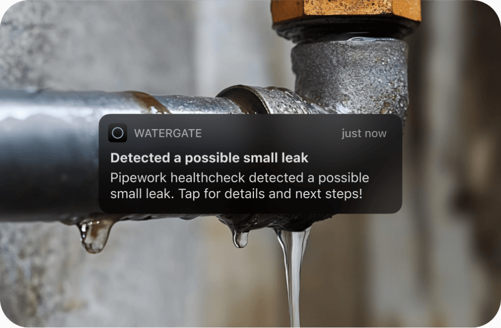 A photo of a leaking pipe overlayed with a mobile notification interface about Detecting a possible small leak