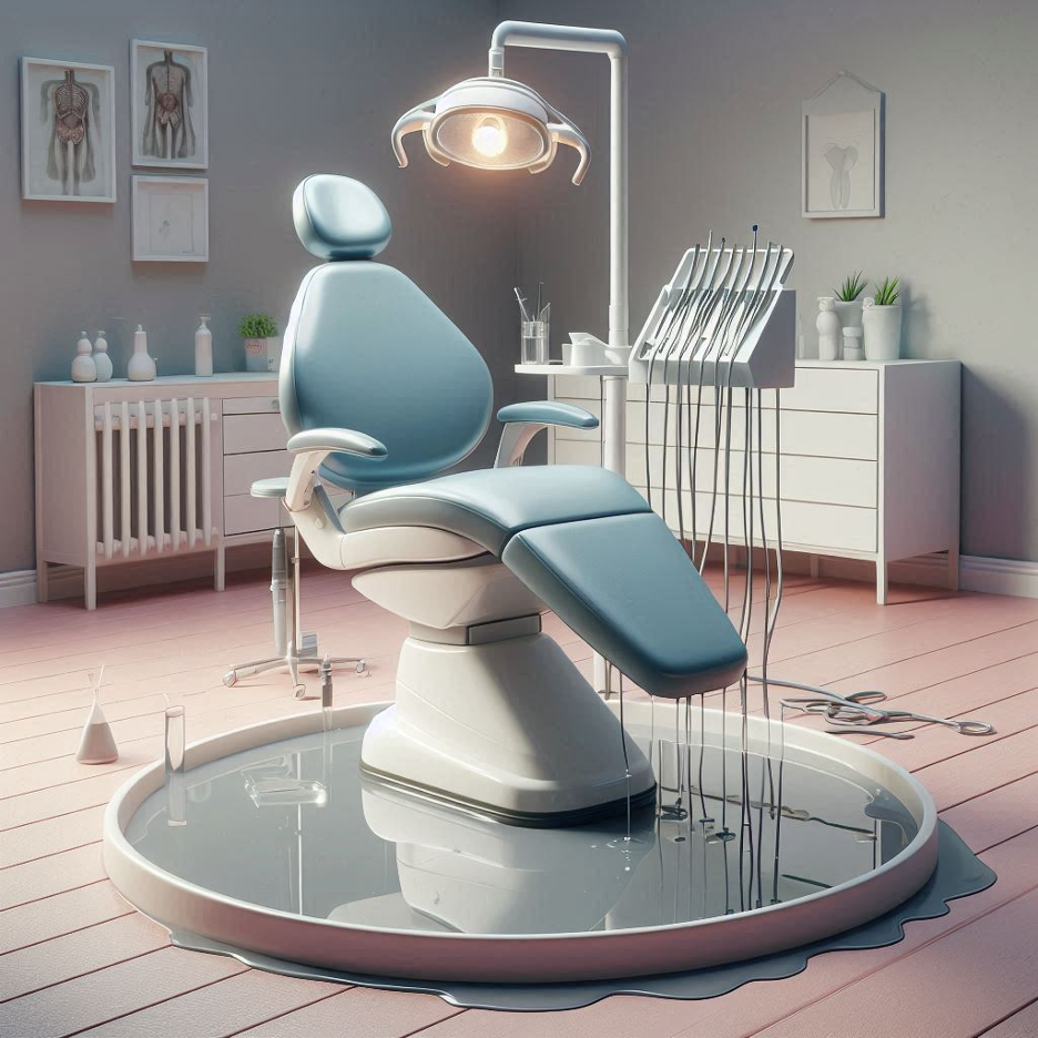 An AI generated image of a dental chair standing in a pool of water